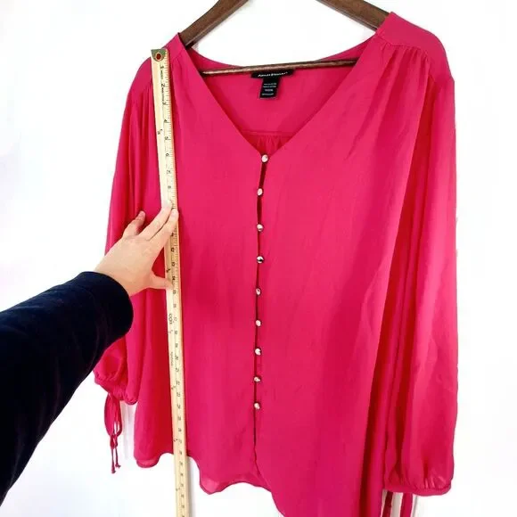 Ashley Stewart Hot Pink Flowy Button Down Bowtie Bishop Sleeves Blouse Sz 18/20W - Picture 8 of 10